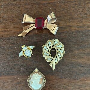 Elegant Gold and Red Brooch Set